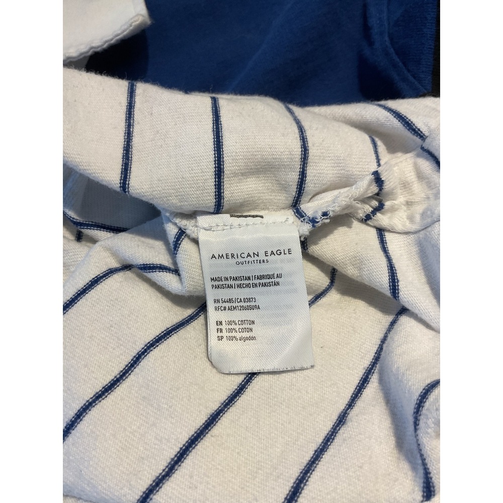 American Eagle Polo Shirt Mens Medium Blue White Excellent Striped Colorblock - Picture 3 of 4